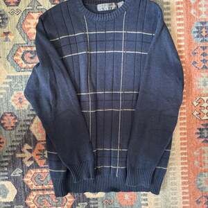 Oscar de la Renta Vintage Blue Windowpane Plaid Cotton Knit Crewneck Sweater